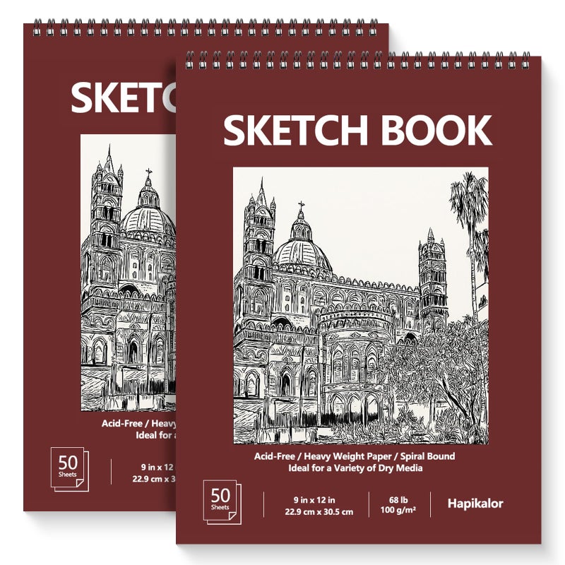 كتاب رسم مقاس 9 × 12 بوصة، عبوتان مكونتان من 50 ورقة كراسة رسم فنية حلزونية، ورق كتاب رسم فنان خالٍ من الأحماض، لوازم فنية للأطفال، أنشطة حرفية، ورق رسم لرسم رسم التلوين (بني) - Image 1